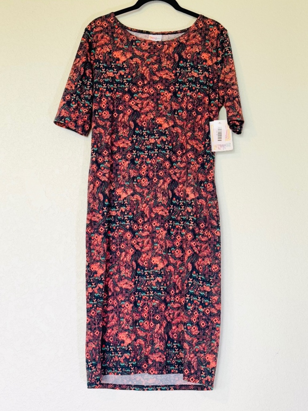LuLaRoe Julia Dress Women's XL Tribal Aztec Feathers Print Orange Teal Blue New